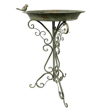 Bénitier sur Pied Grand Bain d'Oiseau en Acier Patiné Marron-Vert Grand Abreuvoir à Volutes 41,5x48x73