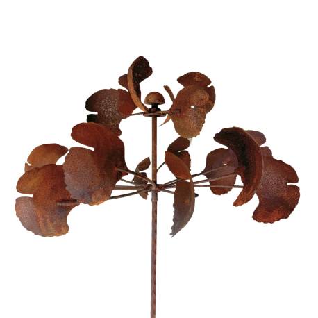 Eolienne Double Mobile Acier Oxydé Motifs Feuilles de Gingko Biloba Décoration Animée de Jardin 49x49x193cm
