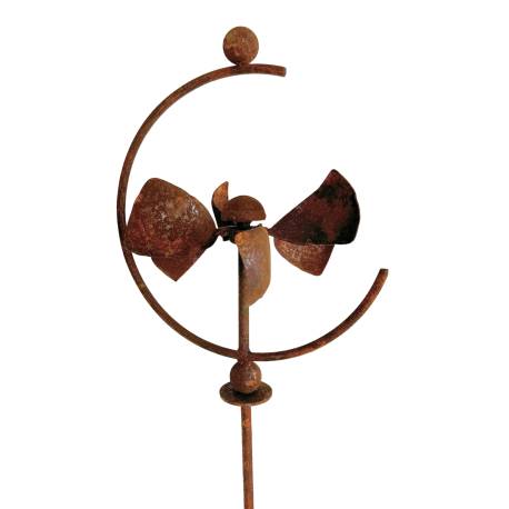 Eolienne Mobile à Hélices Tuteur à Plantes Acier Oxydé Décoration de Jardin à Piquer 19x26x141cm