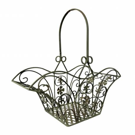 Panier Décoratif PM Acier Patiné Vert Support à Plantes à Anse Porte Plante Forme Evasée 15,5x37x40cm