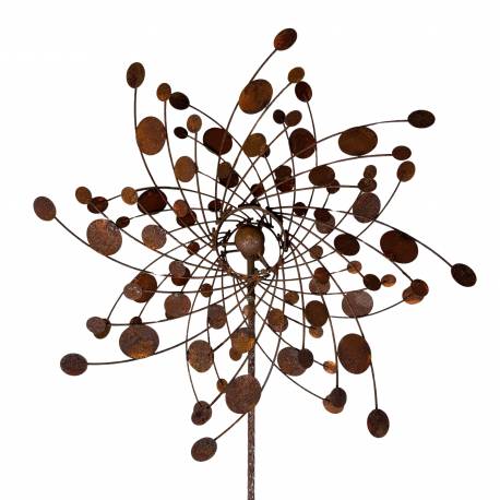 Magnifique Eolienne Double Hélices Tuteur Mobile de Jardin en Acier Oxydé 23x65x212cm