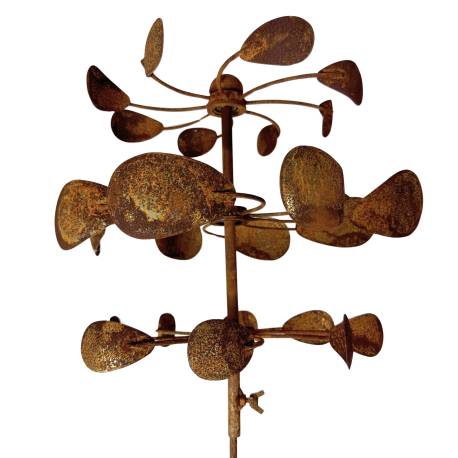Eolienne Triple Tuteur à Pale Moulin à Vent en Acier Oxydé Girouette Mobile 40x40x160cm