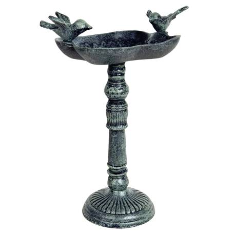 Bain Oiseau sur Pied Mangeoire à Poser patinée Vert Bénitier Coupelle 2 Oiseaux 13,5x20x27,5cm