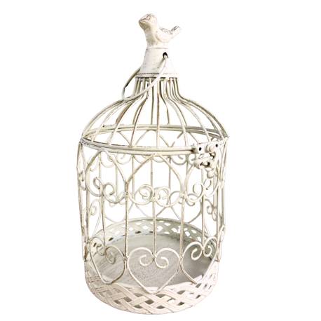 Petite Cage à Oiseaux Volière Ronde en Acier Patiné Blanc Abri Décoratif à Suspendre 15,5x15,5x28cm