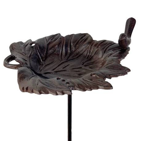 Bain Oiseau à Piquer Grande Feuille en Fonte Patinée Marron sur Tige Abreuvoir Grainetier 25,5x28,5x112cm