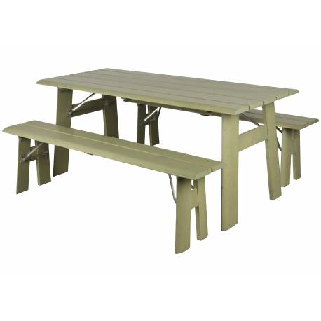Ensemble Extérieur Avenue Zuiver Set Table et 2 Bancs En Pin Vert Sauge Salon Mobilier de Jardin