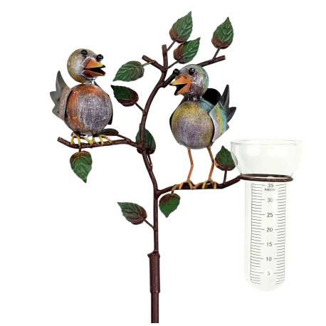 Superbe Pluviomètre à Piquer Tuteur Plante Décoration de Jardin Motif Oiseaux en Fer Patiné et Tube en Verre 15x29x132cm