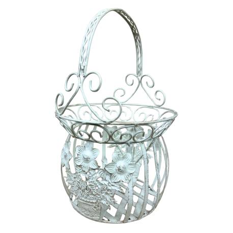 Petite Jardinière Façon Panier Pot de Fleur Bac de Plantation en Acier Blanc 21,5x21,5x33cm