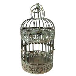 Cage à Oiseaux PM Volière Ronde en Acier Patiné Vert Antique Abri Décoratif à Suspendre 20x20x42cm