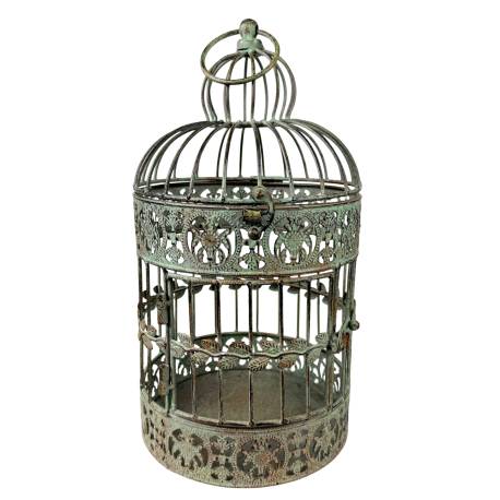 Cage à Oiseaux PM Volière Ronde en Acier Patiné Vert Antique Abri Décoratif à Suspendre 20x20x42cm