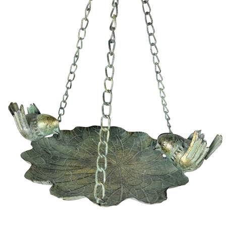 Bain Oiseau à Suspendre PM Bénitier à Chainette en Acier Vert Antique Grainetier Duo Oiseaux 31x31x41cm