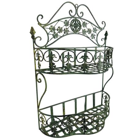 Double Jardinière à Accrocher Balconnière à Deux Niveaux en Acier et Fonte Patinée Vert Ancien Support à Plantes 18x45x59cm