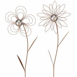 Lot de Deux Fleurs à Piquer Duo Floral en Acier Oxydé et Boule Chromée Décorations Extérieures 12x23,5x117cm
