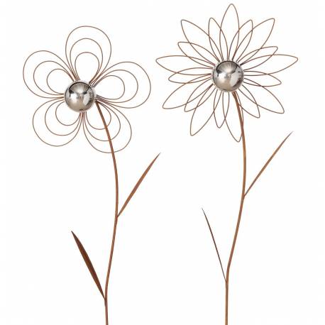 Lot de Deux Fleurs à Piquer Duo Floral en Acier Oxydé et Boule Chromée Décorations Extérieures 12x23,5x117cm