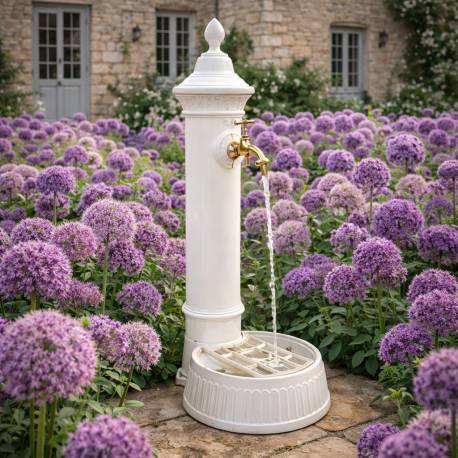 Fontaine de Potager extérieur Fontaine à poser en Fonte d'Aluminium Patinée Blanc avec Robinet Fonctionnel 26x35x72cm