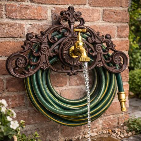 Robinet de Jardin de Charme Fontaine Murale Enrouleur à Tuyaux Source en Fonte Marron Robinet Laiton Doré 22,5x24x36,5cm