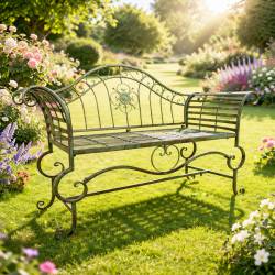 Banc Style Dagobert Banquette Fauteuil Mobilier de Jardin Assise Exterieur 3 Places en Fer Vert Antique 57x93x144cm