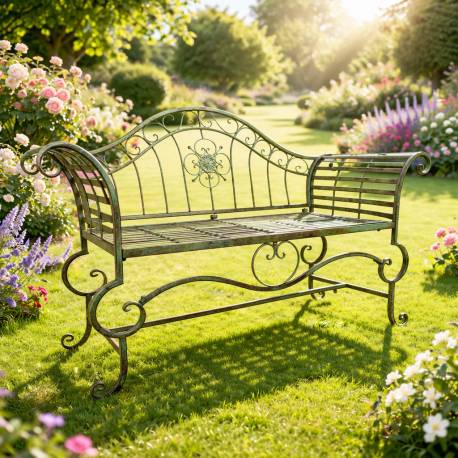 Banc Style Dagobert Banquette Fauteuil Mobilier de Jardin Assise Exterieur 3 Places en Fer Vert Antique 57x93x144cm