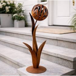 Grande Fleur sur Base Ronde Fleur Ajourée en Acier Oxydé Sculpture de Jardin Graphique à Poser 43x43x132cm