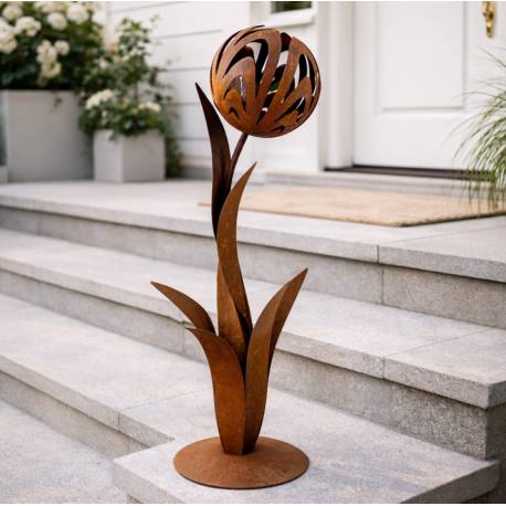 Grande Fleur sur Base Ronde Fleur Ajourée en Acier Oxydé Sculpture de Jardin Graphique à Poser 43x43x132cm