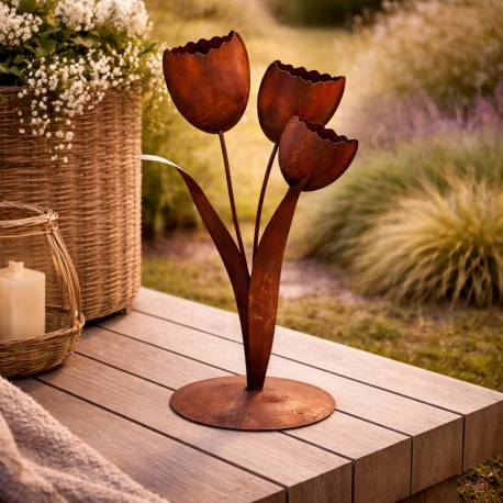 Sculpture Florale à Poser Ensemble de Trois Tulipes Trio en Acier Oxydé sur Pied Décoration Extérieure 38x48x80cm