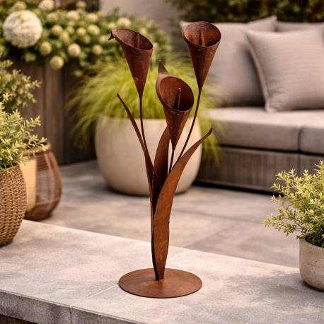 Trio d’Arômes en Acier Oxydé à Poser Décoration Florale Design Effet Rouille Sculpture Extérieure à Poser 30x30x86cm