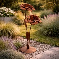 Sculpture de Jardin Extérieure Fleurs Doubles en Acier Oxydé Décoration Florale à Poser 39x39x115cm