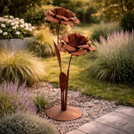 Sculpture de Jardin Extérieure Fleurs Doubles en Acier Oxydé Décoration Florale à Poser 39x39x115cm