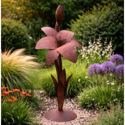 Sculpture Florale à Poser Ensemble Fleur et Bouton Style Lys Décoration de Jardin sur Socle 69x69x156cm