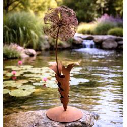 Fleur Géante sur Pied Dent-de-Lion en Acier Oxydé Sculpture de Jardin à Poser 36x36x100cm