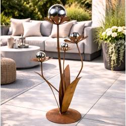 Sculpture Florale 4 Niveaux Décoration Extérieure en Acier Oxydé et Chromé Fleur à Poser 26x26x100cm