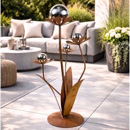 Sculpture Florale 4 Niveaux Décoration Extérieure en Acier Oxydé et Chromé Fleur à Poser 26x26x100cm