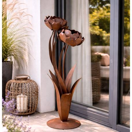 Grande Fleur Double sur Socle Sculpture Inspiration Rose en Acier Oxydé Décoration Extérieure Géante à Poser 36x55x115cm