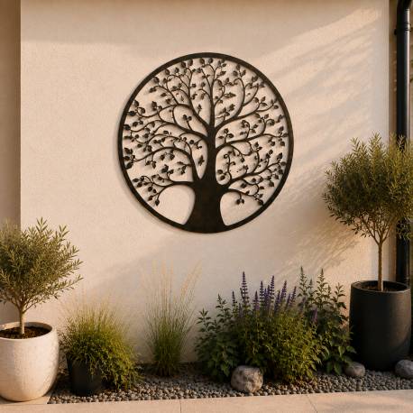 Grande Applique Murale Fronton Style Arbre de Vie Décoratif à Fixer en Métal Patiné Marron-Noir 1,5x95x95cm