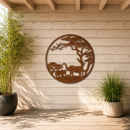 Arbre de Vie Inspiration Savane Décoration Murale Ronde en Métal Marron Rouille 1x100x100cm