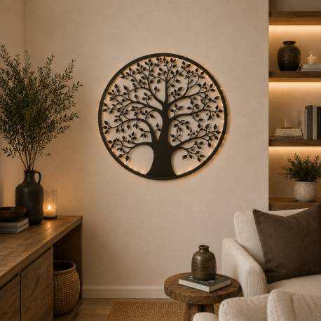 Grande Applique Murale à Led Fronton Style Arbre de Vie Décoratif à Fixer en Fer Patiné Marron-Noir 1,5x95x95cm