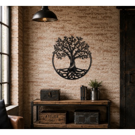 Arbre de Vie Décoratif à Fixer Applique Murale Fronton Motif Nature en Acier Patiné Marron 0,5x67x88cm
