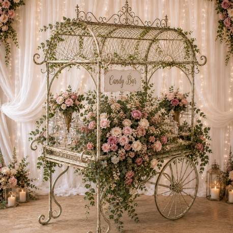 Chariot à Roulette Présentoir en Acier Finition Patinée Verte Candy Bar Servante Décorative 95x150x208cm