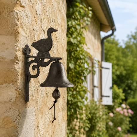 Cloche Sonnette Carillon Clochette de Porte Murale sur Crédence Motif Canard en Fonte Patinée Marron 10,50x16x23cm