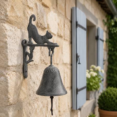Cloche Sonnette Carillon Clochette de Porte Murale sur Crédence Motif Chat en Fonte Patinée Grise 8x12x18cm
