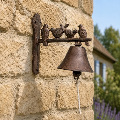 Cloche Sonnette Motifs Oiseaux Carillon Clochette de Porte Murale sur Crédence en Fonte Patinée Marron 11x19x22cm