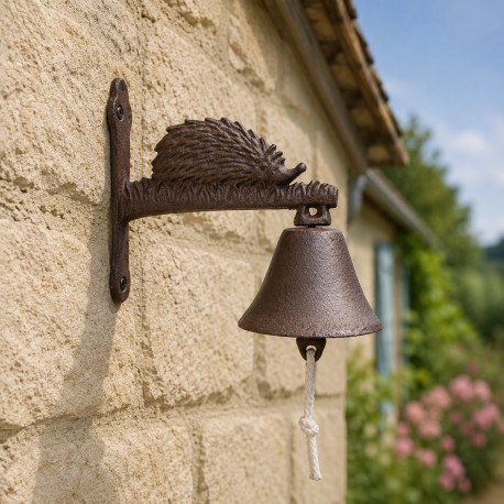 Cloche Sonnette Motif Hérisson Carillon Clochette de Porte Murale sur Crédence en Fonte Patinée Marron 11x20x21cm