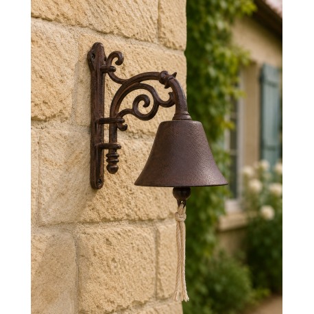 Cloche Sonnette Carillon Clochette de Porte Murale sur Crédence Motif Volute en Fonte Patinée Marron 11x19x19,8cm