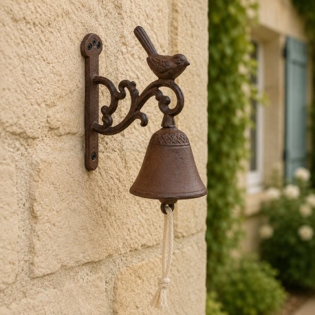 Cloche Sonnette Carillon Clochette de Porte Murale sur Crédence Motif Oiseau en Fonte Patinée Marron 7,5x14,4x15,5cm