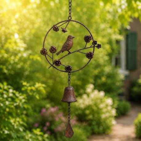 Clochette Oiseau Décoration à Suspendre Cloche de Jardin en Fonte Patinée Marron 6x24x70cm