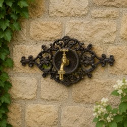 Fontaine de Charme Murale Source en Fonte Patinée Marron Robinet Laiton Doré 10,5x19x35cm