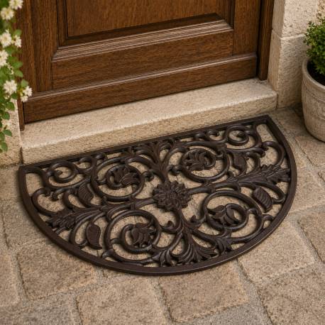 Tapis Gratte Pieds en Forme de Demi Lune ou Paillasson Motifs Volutes et Feuilles en Fonte Patinée Marron 1x39,5x68cm