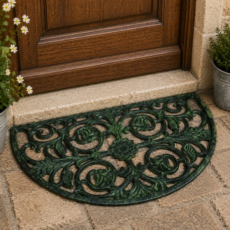 Tapis Gratte Pieds en Forme de Demi Lune ou Paillasson Motifs Volutes et Feuilles en Fonte Patinée Vert 1x39,5x68cm
