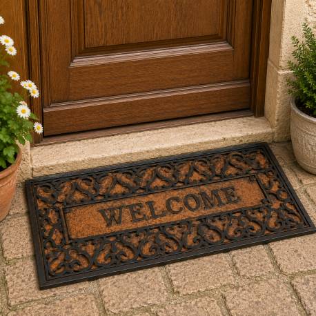 Tapis Gratte Pieds de Forme Rectangulaire ou Paillasson Motifs Volutes Inscription Welcome en Coco et Caoutchouc 1x25x75cm