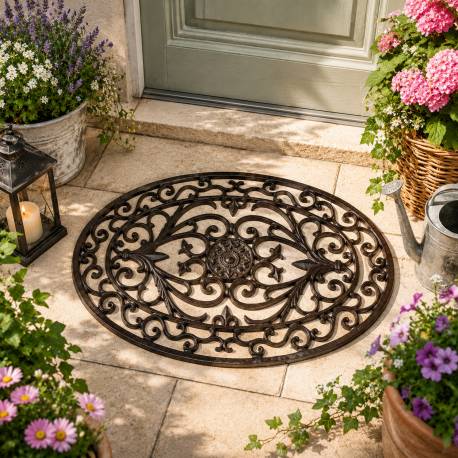 Paillasson en Fonte Tapis d’Entrée Gratte Pied Ovale Patiné Marron Décoration de Jardin Motif Volute 2x40x61cm